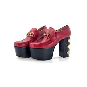Gucci Vegas Pearl Horsebit Platform High Block Heel Loafers 37